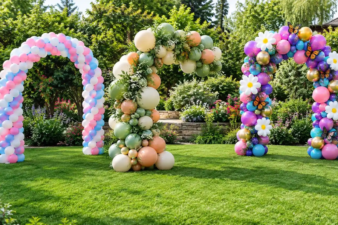 שלוש קשתות בלונים בסגנונות שונים על דשא בגינה